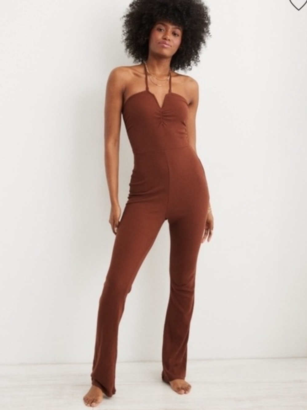 aerie Halter Ribbed Jumpsuit Strapless Sweetheart Flare Chestnut Brown Womens XS